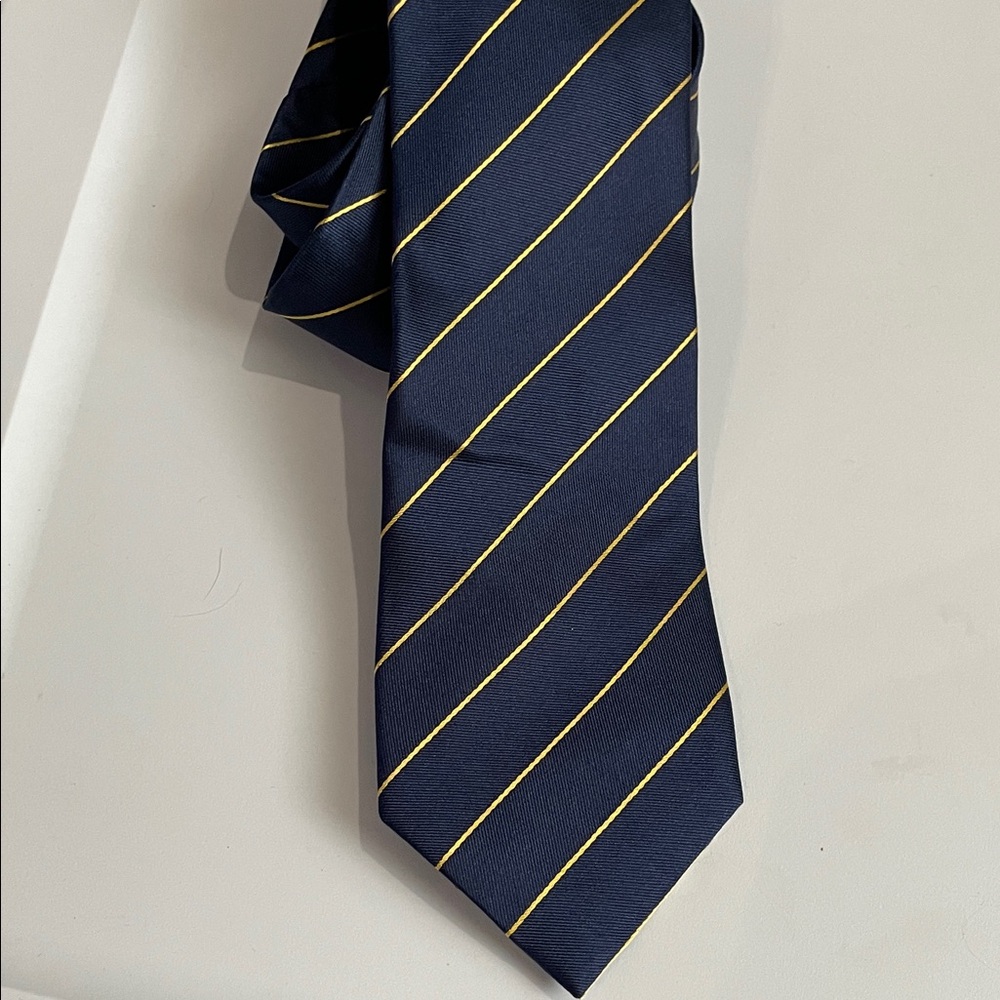 The Tie Bar Navy Tie with Gold Diagonal Stripes